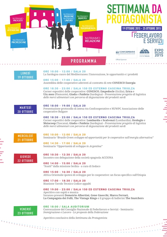 19-25 OTTOBRE, IL PROGRAMMA DELLA SETTIMANA DI FEDERLAVORO AD EXPO2015